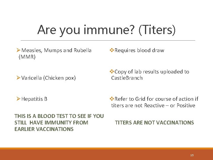 Are you immune? (Titers) ØMeasles, Mumps and Rubella (MMR) ØVaricella (Chicken pox) ØHepatitis B