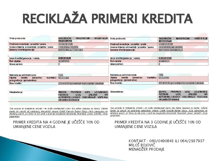 RECIKLAŽA PRIMERI KREDITA PRIMER KREDITA NA 4 GODINE JE UČEŠĆE 10% OD UMANJENE CENE RECIKLAŽA PRIMERI KREDITA PRIMER KREDITA NA 4 GODINE JE UČEŠĆE 10% OD UMANJENE CENE