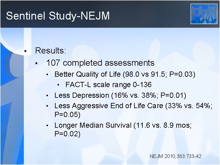 Sentinel Study-NEJM • Results: • 107 completed assessments Better Quality of Life (98. 0