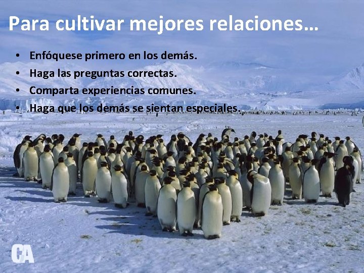 Para cultivar mejores relaciones… • • Enfóquese primero en los demás. Haga las preguntas