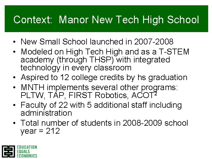 Context: Manor New Tech High School • New Small School launched in 2007 -2008