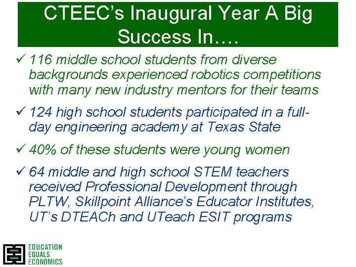 CTEEC’s Inaugural Year A Big Success In…. ü 116 middle school students from diverse
