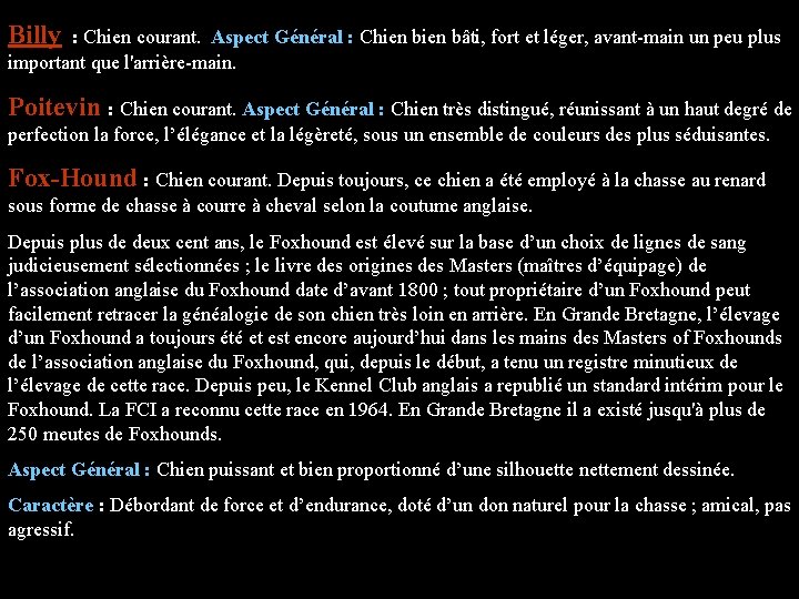 Billy : Chien courant. Aspect Général : Chien bâti, fort et léger, avant-main un