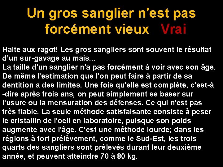 Un gros sanglier n'est pas forcément vieux Vrai Halte aux ragot! Les gros sangliers