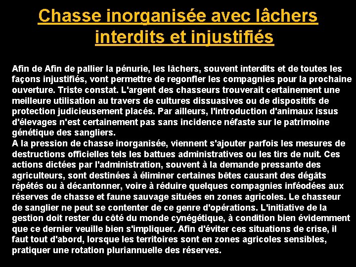 Chasse inorganisée avec lâchers interdits et injustifiés Afin de pallier la pénurie, les lâchers,