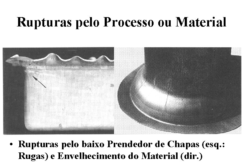 Rupturas pelo Processo ou Material • Rupturas pelo baixo Prendedor de Chapas (esq. : Rupturas pelo Processo ou Material • Rupturas pelo baixo Prendedor de Chapas (esq. :