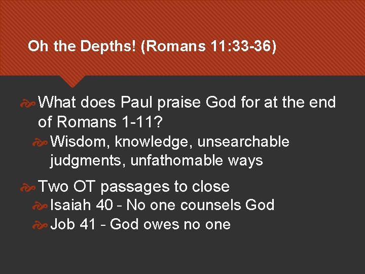 Oh the Depths! (Romans 11: 33 -36) What does Paul praise God for at