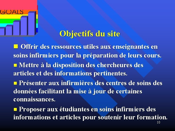  Objectifs du site n Offrir des ressources utiles aux enseignantes en soins infirmiers