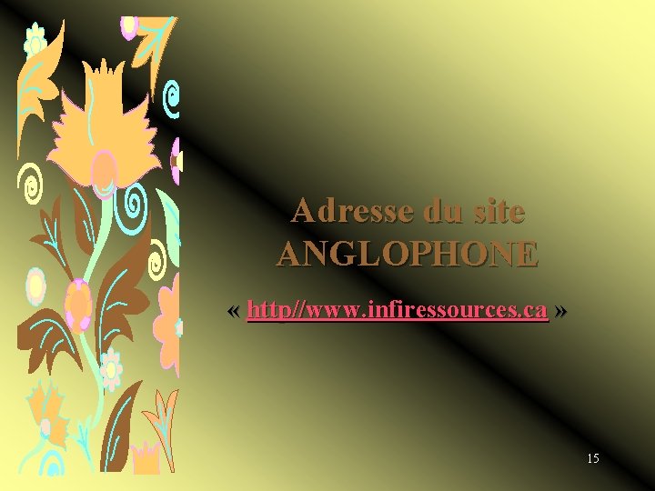 Adresse du site ANGLOPHONE « http//www. infiressources. ca » 15 