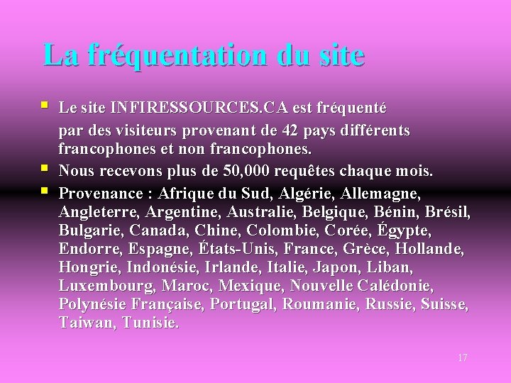 La fréquentation du site § § § Le site INFIRESSOURCES. CA est fréquenté par