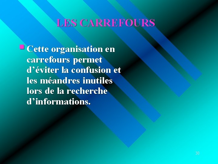 LES CARREFOURS § Cette organisation en carrefours permet d’éviter la confusion et les méandres