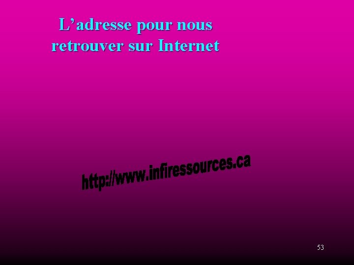 L’adresse pour nous retrouver sur Internet 53 