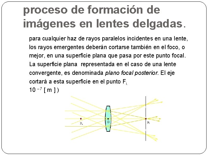 proceso de formación de imágenes en lentes delgadas. para cualquier haz de rayos paralelos