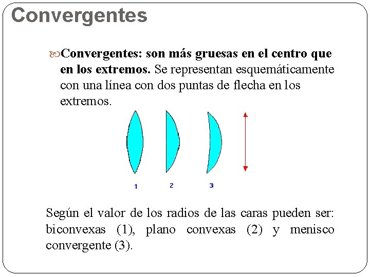 Convergentes: son más gruesas en el centro que en los extremos. Se representan esquemáticamente