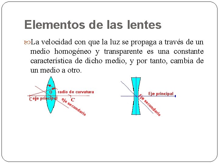 Elementos de las lentes La velocidad con que la luz se propaga a través