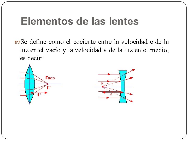 Elementos de las lentes Se define como el cociente entre la velocidad c de