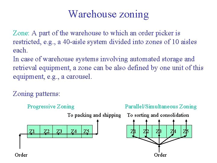 Warehouse zoning Zone: A part of the warehouse to which an order picker is