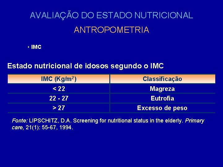 AVALIAÇÃO DO ESTADO NUTRICIONAL ANTROPOMETRIA • IMC Estado nutricional de idosos segundo o IMC