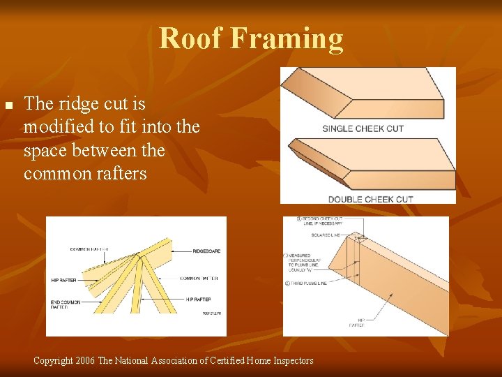 Roof Framing n The ridge cut is modified to fit into the space between