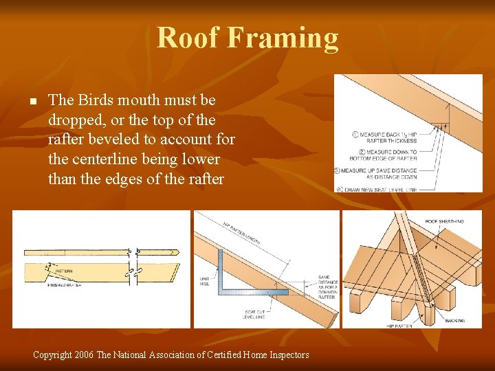 Roof Framing n The Birds mouth must be dropped, or the top of the