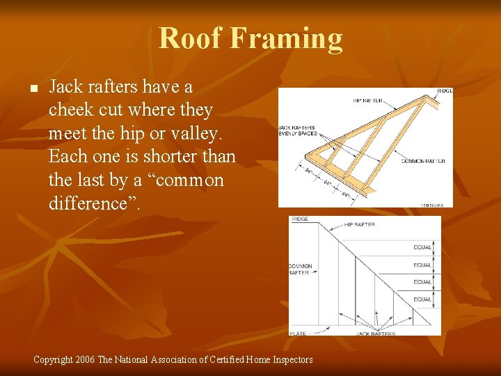 Roof Framing n Jack rafters have a cheek cut where they meet the hip