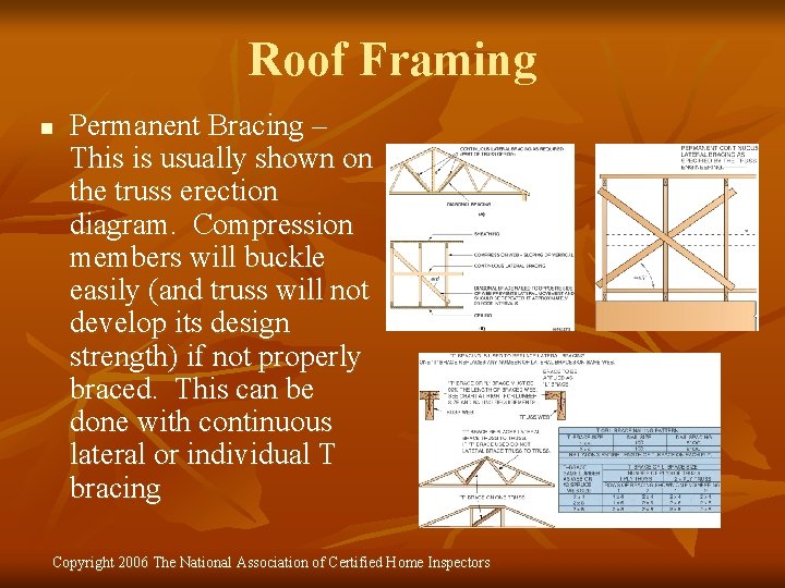 Roof Framing n Permanent Bracing – This is usually shown on the truss erection