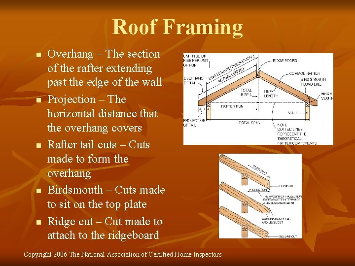 Roof Framing n n n Overhang – The section of the rafter extending past