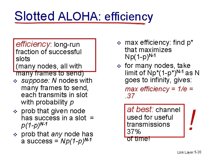 Slotted ALOHA: efficiency: long-run fraction of successful slots (many nodes, all with many frames