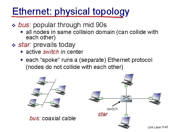 Ethernet: physical topology v bus: popular through mid 90 s § all nodes in