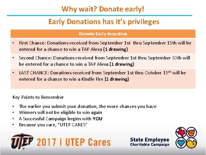 Why wait? Donate early! Early Donations has it’s privileges Donate Early Incentive • First