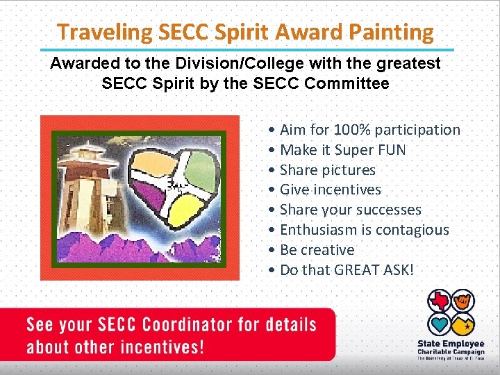 Traveling SECC Spirit Award Painting Awarded to the Division/College with the greatest SECC Spirit