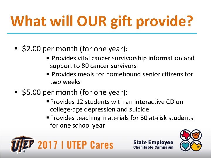 What will OUR gift provide? § $2. 00 per month (for one year): §