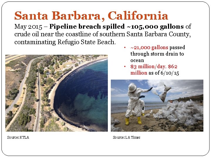 Santa Barbara, California May 2015 – Pipeline breach spilled ~105, 000 gallons of crude