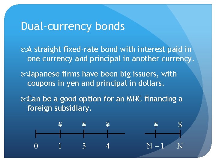Dual-currency bonds A straight fixed-rate bond with interest paid in one currency and principal