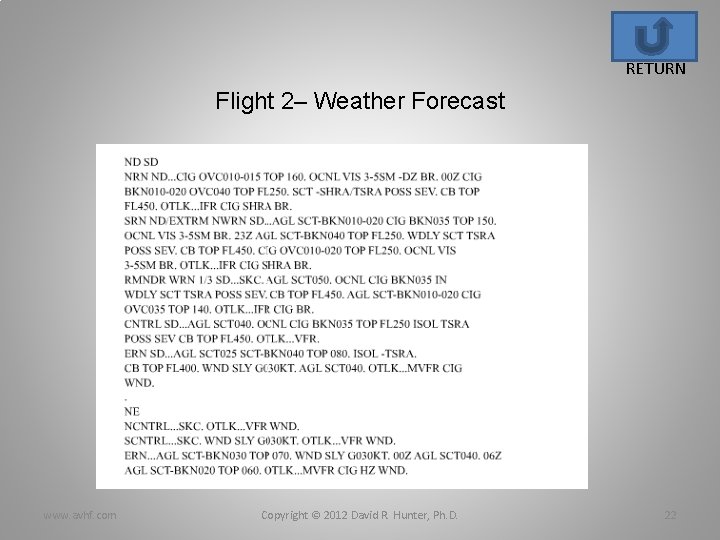 RETURN Flight 2– Weather Forecast www. avhf. com Copyright © 2012 David R. Hunter,