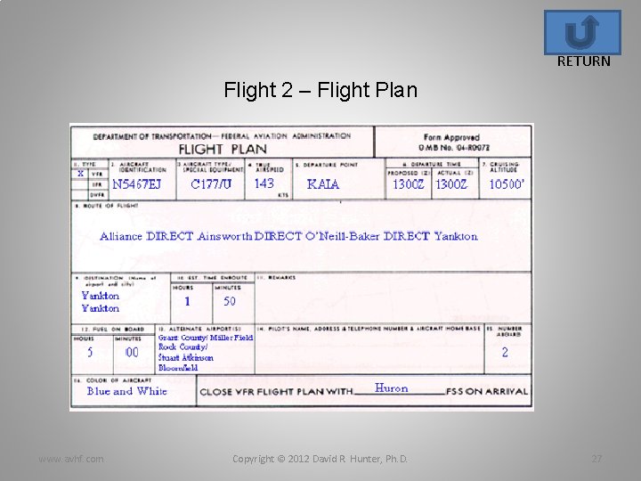 RETURN Flight 2 – Flight Plan www. avhf. com Copyright © 2012 David R.