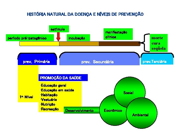 HISTÓRIA NATURAL DA DOENÇA E NÍVEIS DE PREVENÇÃO estímulo período pré-patogênico prev. Primária incubação