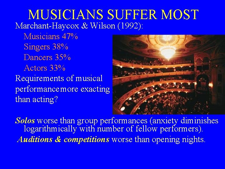 MUSICIANS SUFFER MOST Marchant-Haycox & Wilson (1992): Musicians 47% Singers 38% Dancers 35% Actors