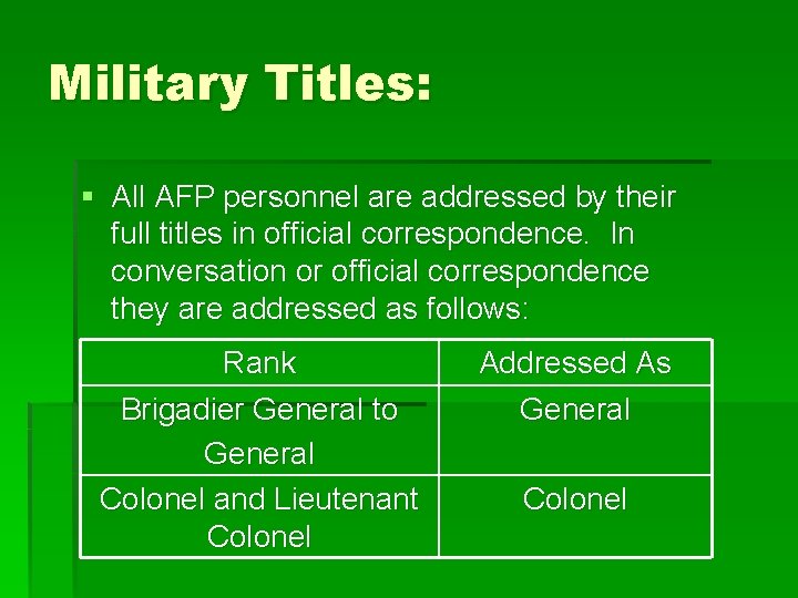 Military Titles: § All AFP personnel are addressed by their full titles in official