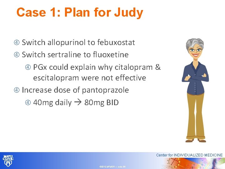 Case 1: Plan for Judy Switch allopurinol to febuxostat Switch sertraline to fluoxetine PGx