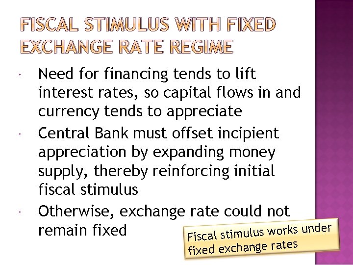 FISCAL STIMULUS WITH FIXED EXCHANGE RATE REGIME Need for financing tends to lift interest