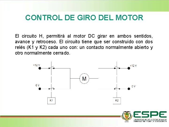 CONTROL DE GIRO DEL MOTOR El circuito H, permitirá al motor DC girar en