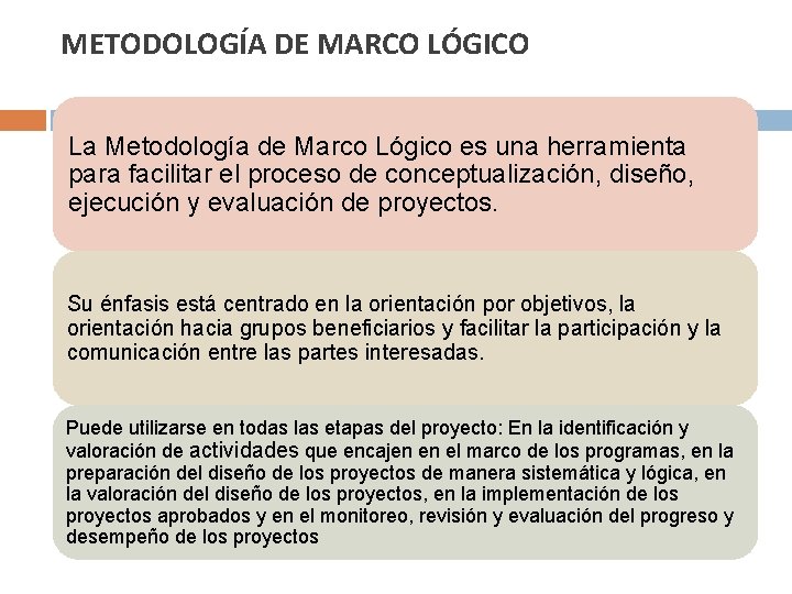 METODOLOGÍA DE MARCO LÓGICO La Metodología de Marco Lógico es una herramienta para facilitar METODOLOGÍA DE MARCO LÓGICO La Metodología de Marco Lógico es una herramienta para facilitar