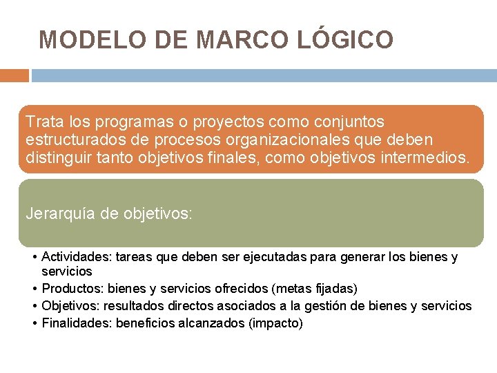 MODELO DE MARCO LÓGICO Trata los programas o proyectos como conjuntos estructurados de procesos MODELO DE MARCO LÓGICO Trata los programas o proyectos como conjuntos estructurados de procesos