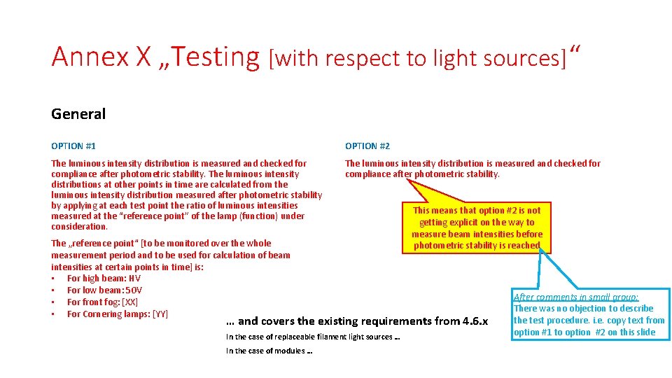 Annex X „Testing [with respect to light sources]“ General OPTION #1 OPTION #2 The
