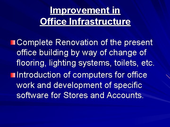 Improvement in Office Infrastructure Complete Renovation of the present office building by way of