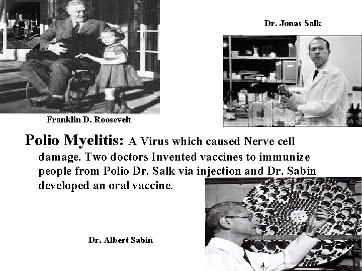 Dr. Jonas Salk Franklin D. Roosevelt Polio Myelitis: A Virus which caused Nerve cell