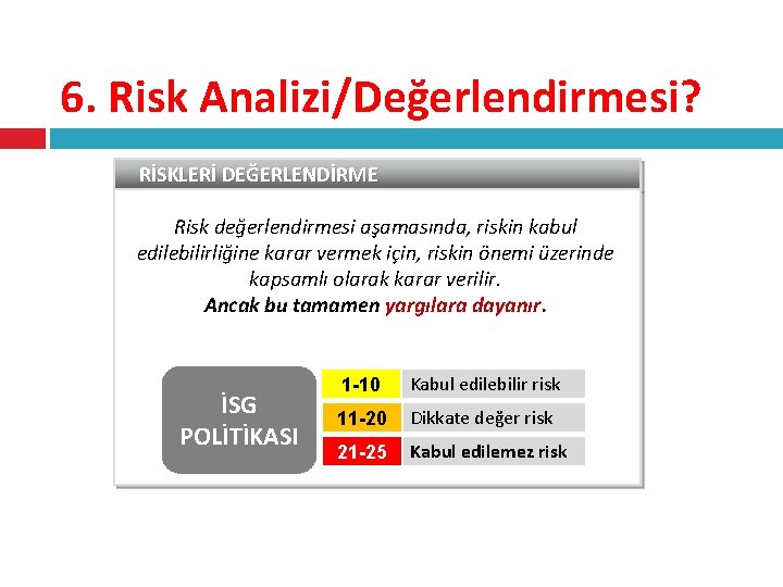6. Risk Analizi/Değerlendirmesi? RİSKLERİ DEĞERLENDİRME Risk değerlendirmesi aşamasında, riskin kabul edilebilirliğine karar vermek için,