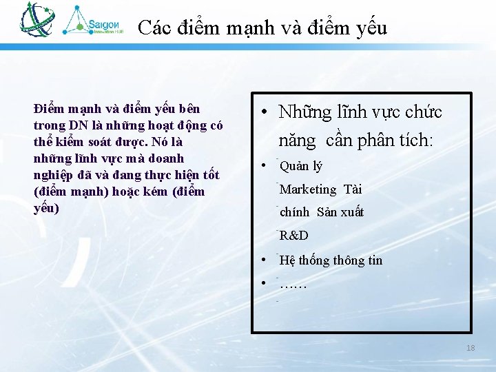 Các điểm mạnh và điểm yếu Điểm mạnh và điểm yếu bên trong DN Các điểm mạnh và điểm yếu Điểm mạnh và điểm yếu bên trong DN