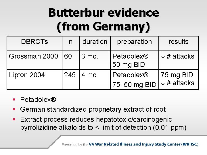 Butterbur evidence (from Germany) DBRCTs n Grossman 2000 60 Lipton 2004 duration 3 mo.